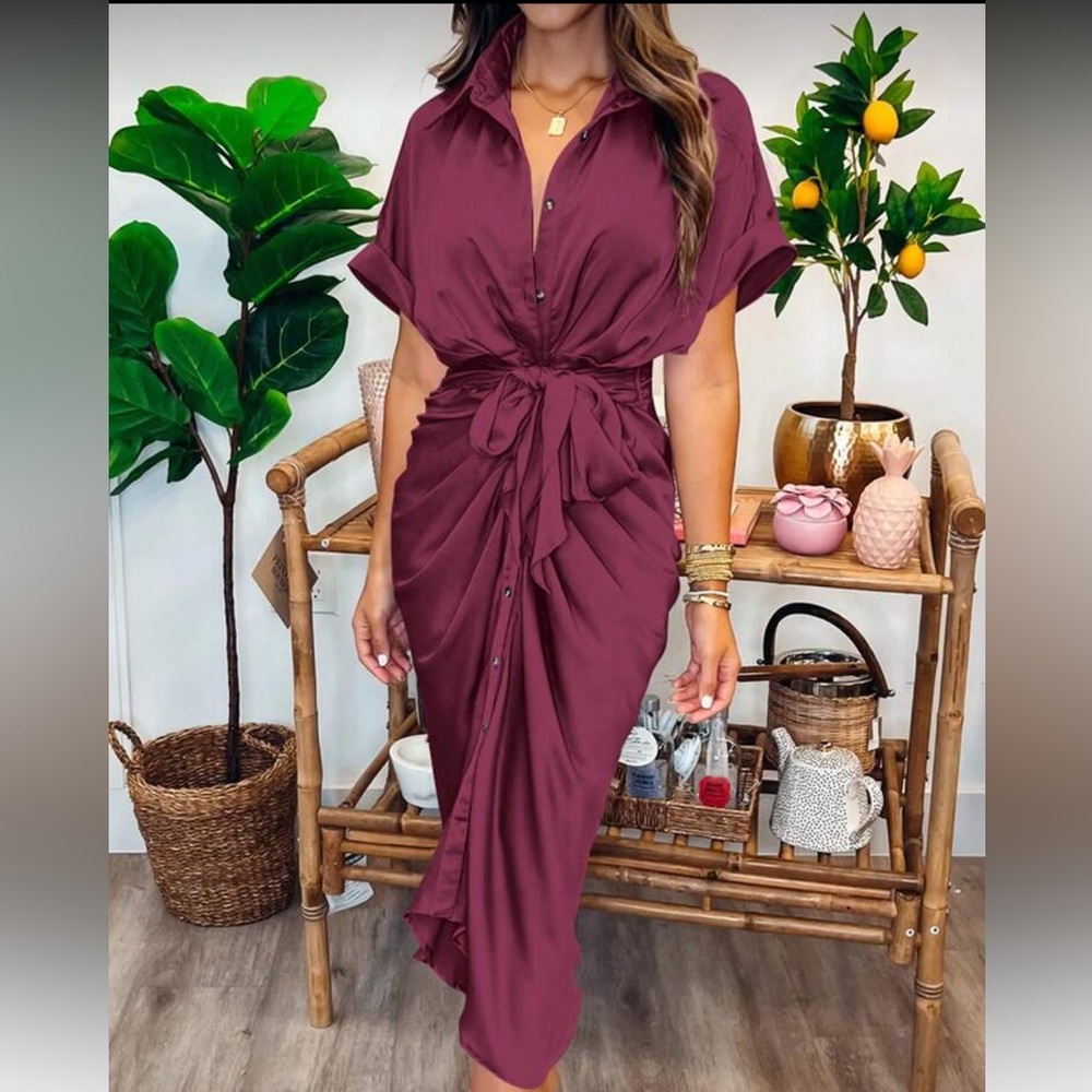 Elegant Purple Tie-Front Satin Dress